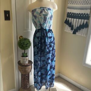 Talbots Strapless Blue Preppy Boho Tropical Maxi Dress or Beach Cover